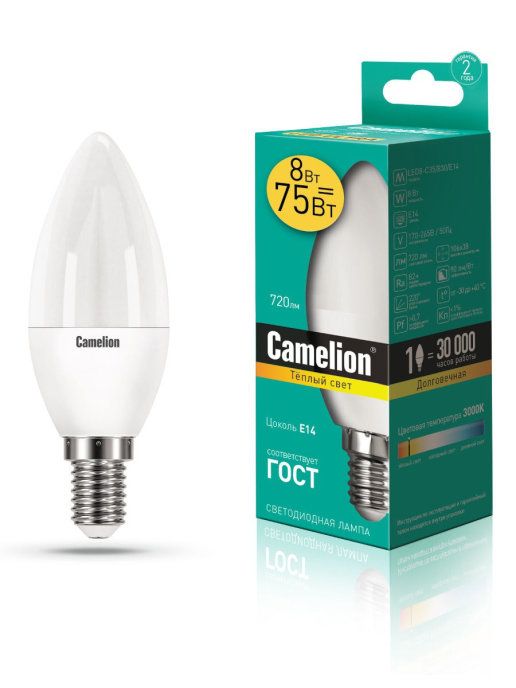 Лампа светодиодная Camelion LED8-C35/830 Е14 3000К 8 Вт