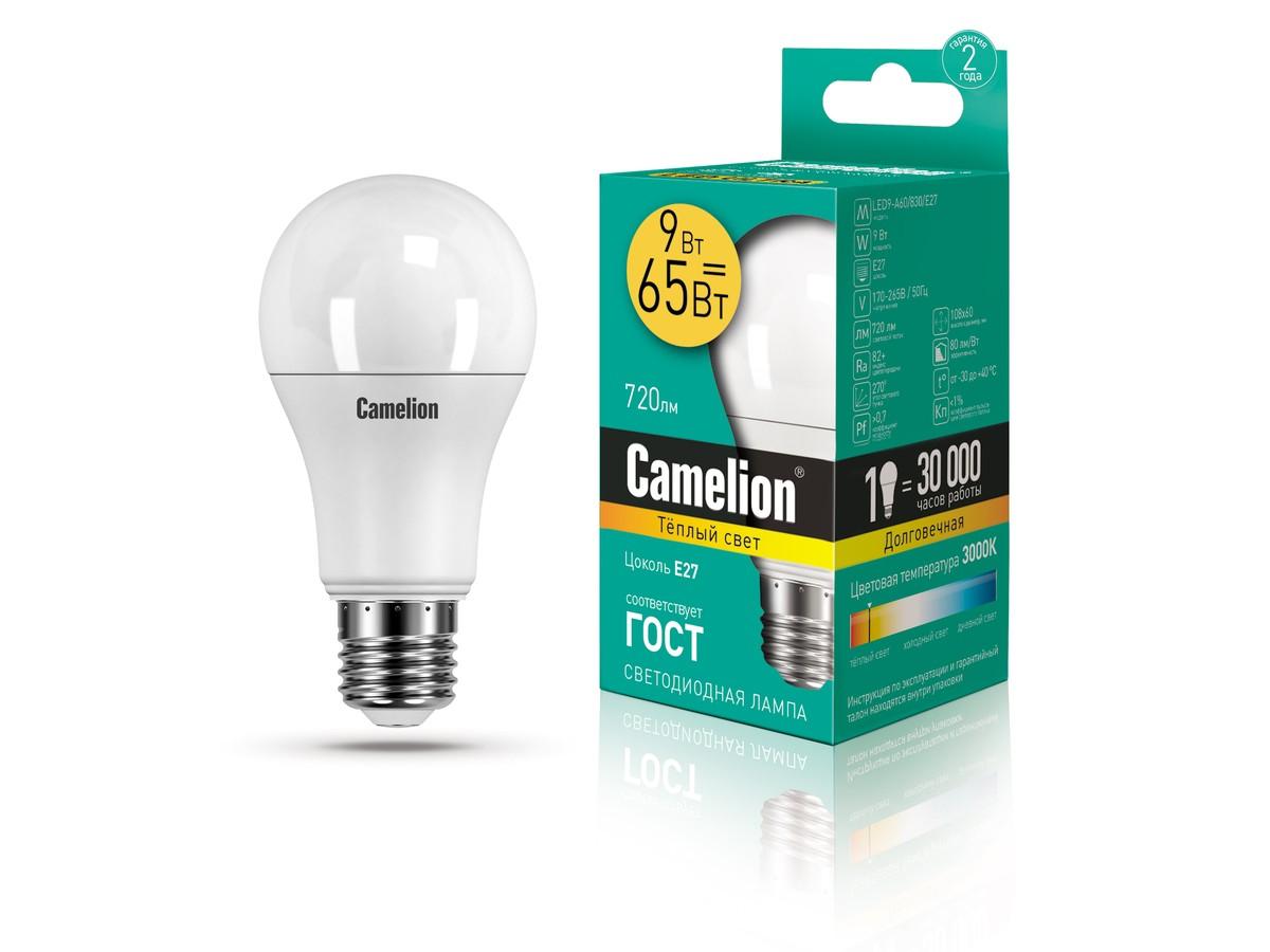 Лампа светодиодная Camelion LED9-A60/830 Е27 3000К 9 Вт