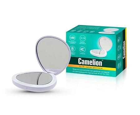 CAMELION (13002) M147-SL C01 белый (Зеркало двойное с LED подсветкой складное,1х/5х, 2хCR2032)
